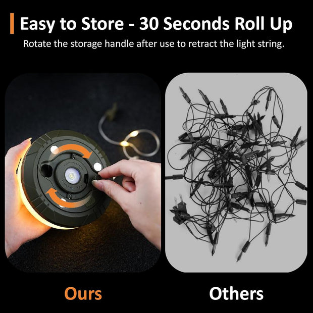 Rechargeable 4-in-1 Camping String Light with 8 Modes, USB Charging, & Quick Storage
