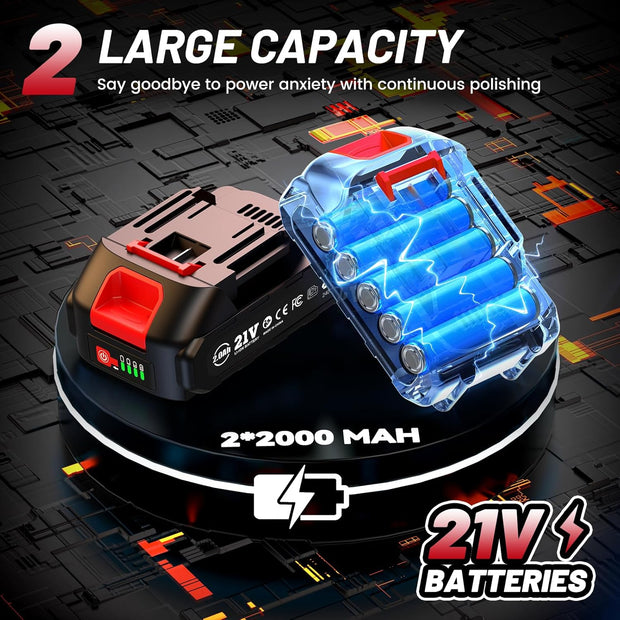 Cordless Car Buffer Polisher kit w/ 2x2000mAh 21V Batteries