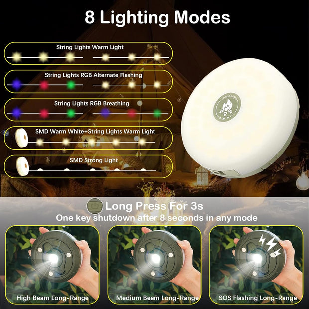 Rechargeable 4-in-1 Camping String Light with 8 Modes, USB Charging, & Quick Storage