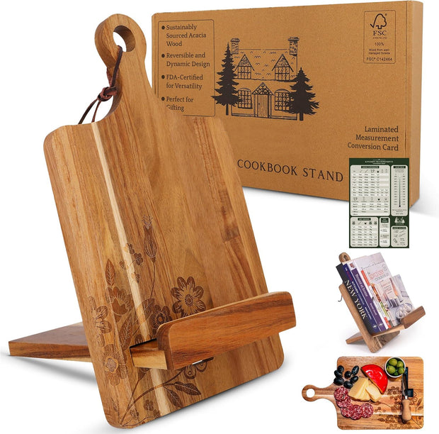 Wooden Kitchen Countertop Cookbook Stand – Reversible Wooden Cookbook Holder with Cooking
